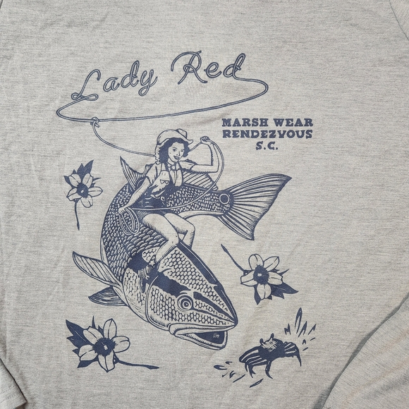 Marsh Wear UPF 40 Gray Hooded Long Sleeve Shirt with Fish Graphic Womens Small - Picture 4 of 8